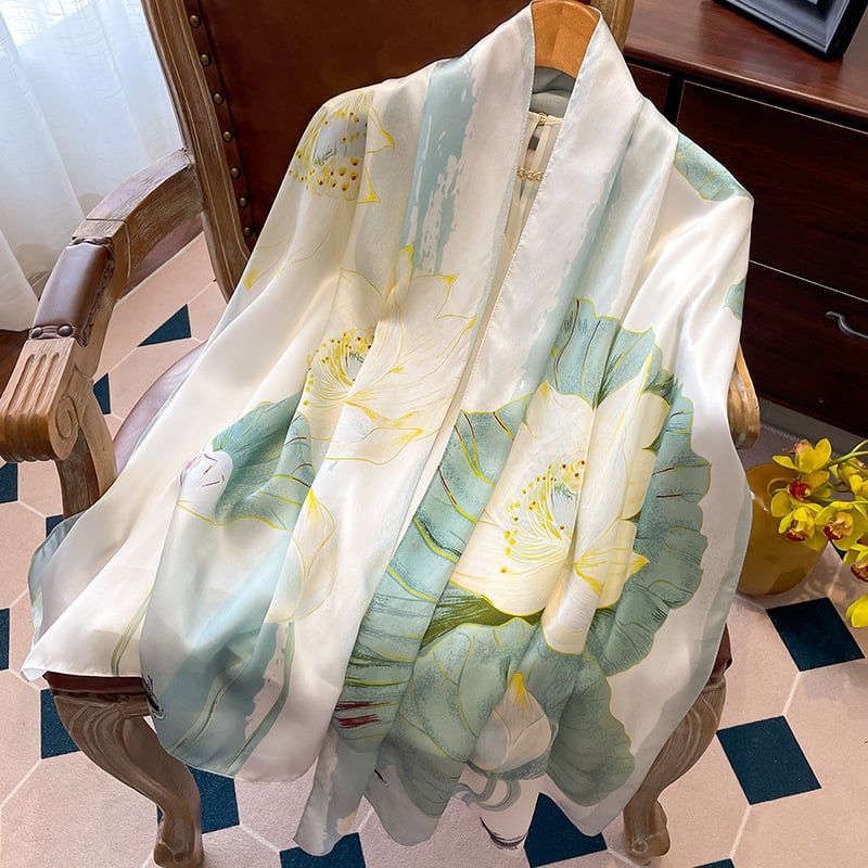  Khăn quàng choàng cổ lụa cao cấp cho nữ văn phòng sở đẹp màu xanh phối hoa sen AGANA - KS180 