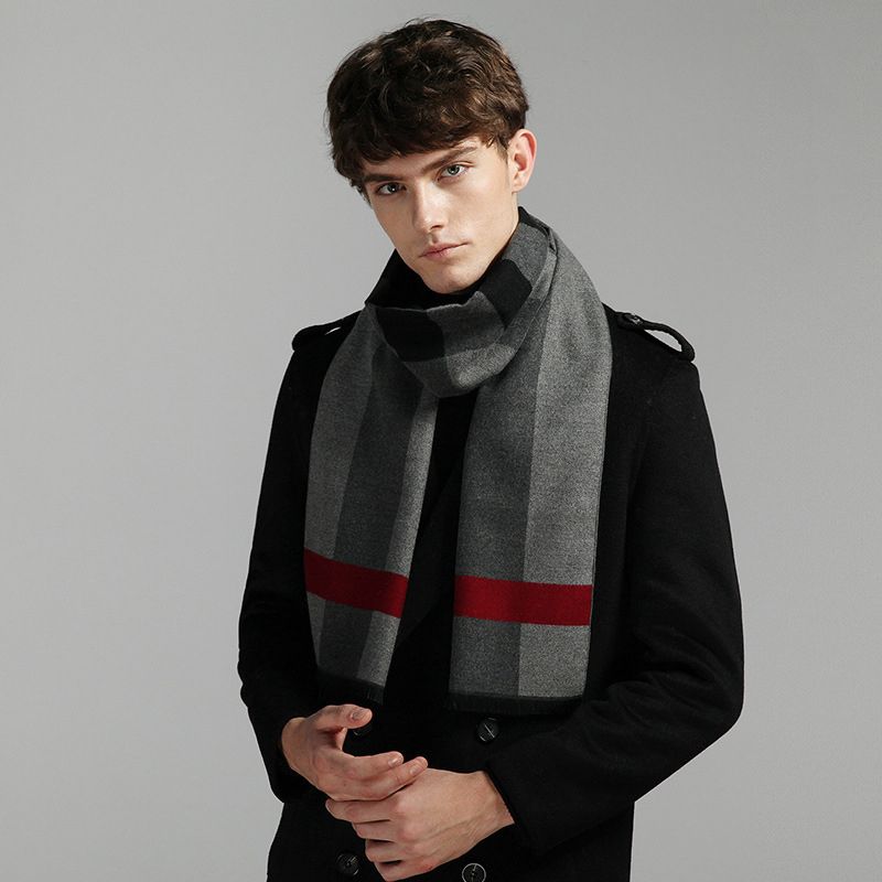  Khăn quàng choàng cổ nam Hàng Hiệu & Cao Cấp - Khăn len cashmere giữ ấm họa tiết màu Xám sọc đỏ - KN019 