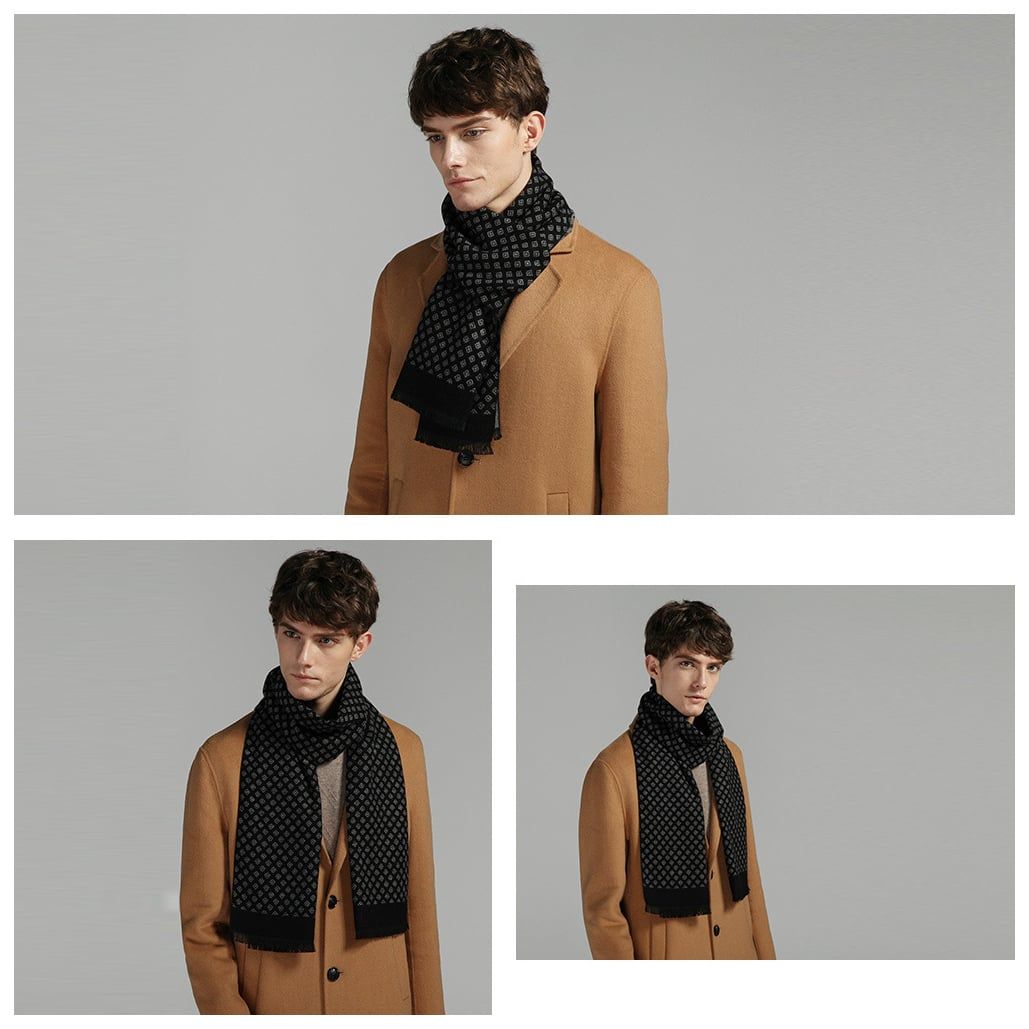  Khăn quàng choàng cổ nam Hàng Hiệu & Cao Cấp - Khăn len cashmere giữ ấm màu đen họa tiết màu ô vuông xám - KN023 
