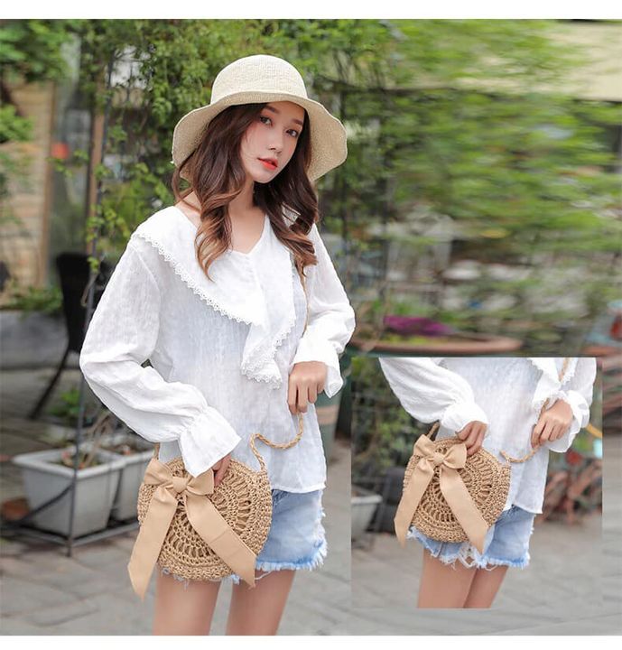  Túi cói đi biển vintage thời trang nữ phong cách đeo chéo vai Hàn Quốc đẹp hình tròn đính nơ màu nâu - TC015 