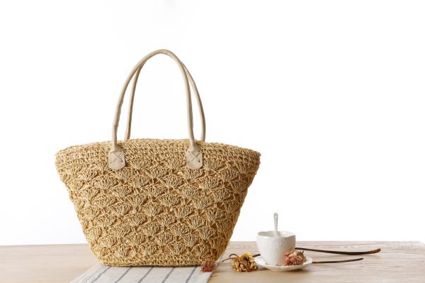  Túi cói đi biển vintage thời trang nữ phong cách đeo chéo vai Hàn Quốc đẹp đính hoa văn màu be sẫm - TC019 