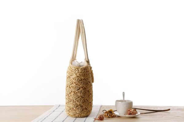  Túi cói đi biển vintage thời trang nữ phong cách đeo chéo vai Hàn Quốc đẹp đính hoa văn màu be sẫm - TC019 