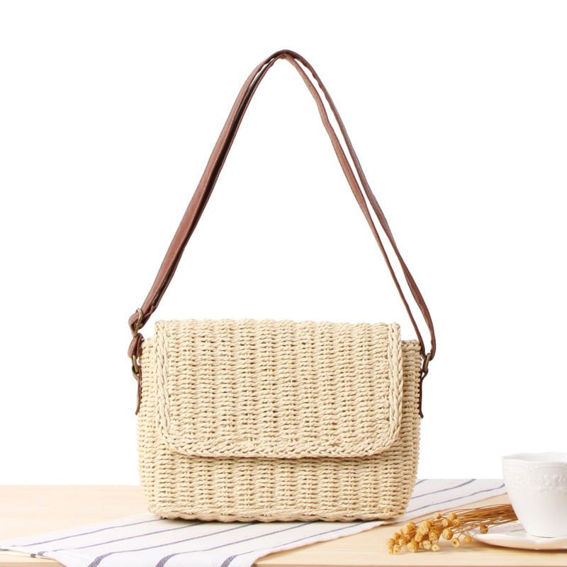  Túi cói đi biển vintage thời trang nữ phong cách cầm tay Hàn Quốc đẹp cổ điển dây da màu nâu - TC070 