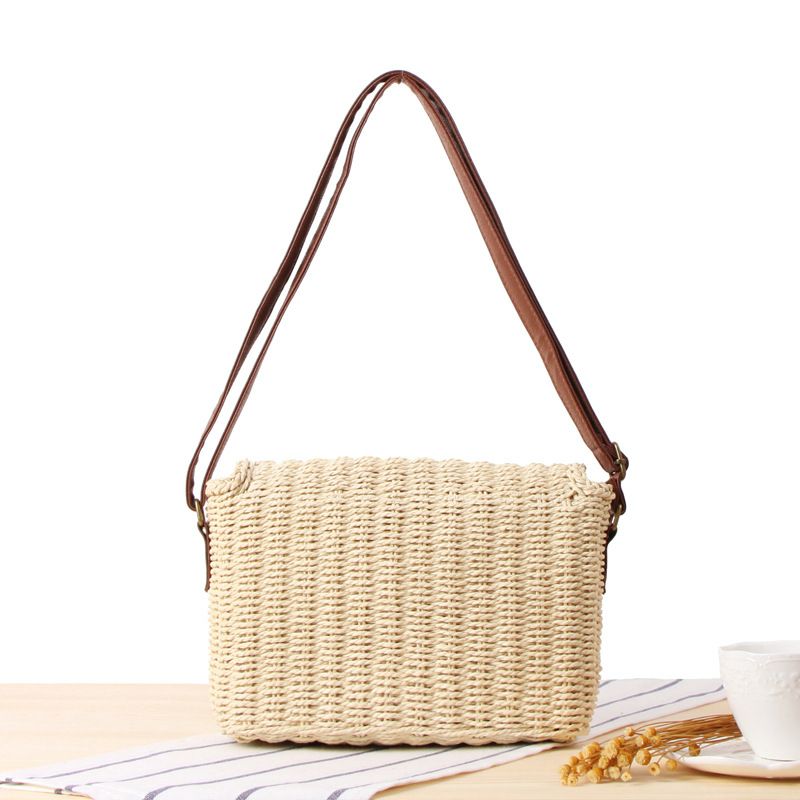 Túi cói đi biển vintage thời trang nữ phong cách cầm tay Hàn Quốc đẹp cổ điển dây da màu nâu - TC070 