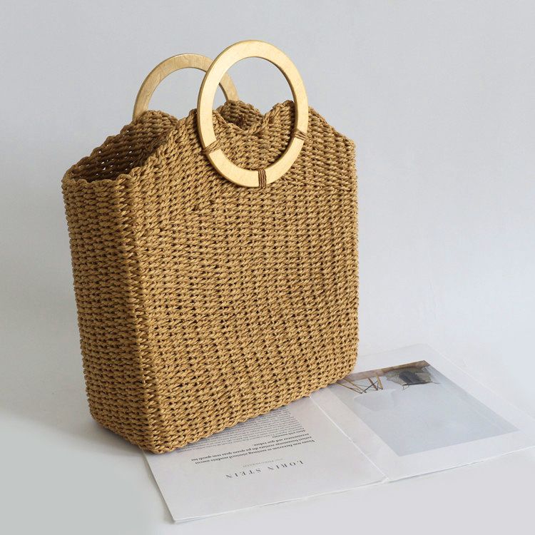  Túi cói đi biển vintage thời trang nữ phong cách cầm tay Hàn Quốc đẹp cổ điển dây da màu nâu - TC073 