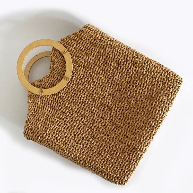  Túi cói đi biển vintage thời trang nữ phong cách cầm tay Hàn Quốc đẹp cổ điển dây da màu nâu - TC073 