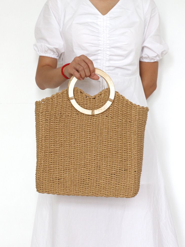  Túi cói đi biển vintage thời trang nữ phong cách cầm tay Hàn Quốc đẹp cổ điển dây da màu nâu - TC073 