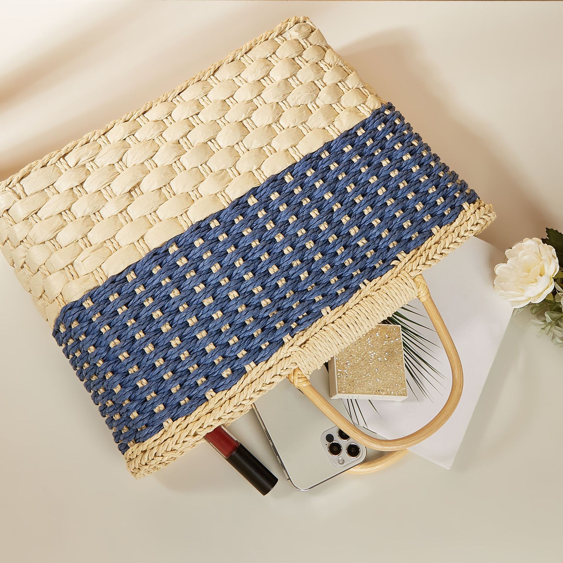  Túi cói đi biển vintage thời trang nữ phong cách cầm tay Hàn Quốc đẹp cổ điển dây da màu nâu - TC076 