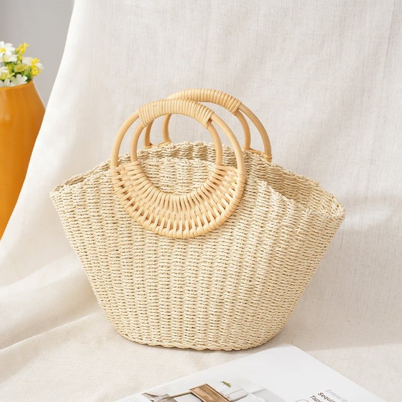  Túi cói đi biển vintage thời trang nữ phong cách cầm tay Hàn Quốc đẹp cổ điển dây da màu nâu - TC077 