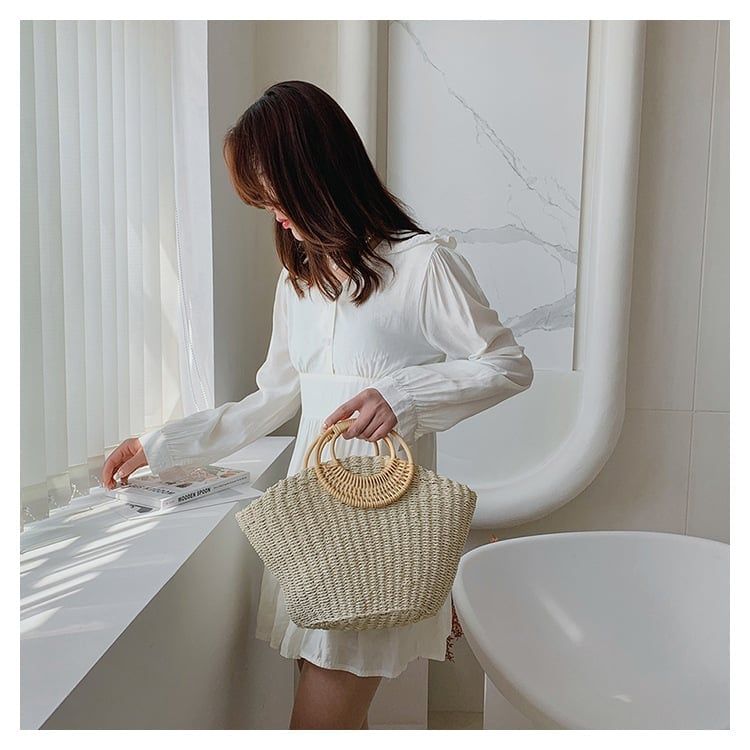  Túi cói đi biển vintage thời trang nữ phong cách cầm tay Hàn Quốc đẹp cổ điển dây da màu nâu - TC077 
