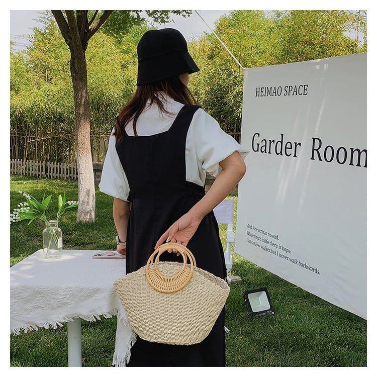  Túi cói đi biển vintage thời trang nữ phong cách cầm tay Hàn Quốc đẹp cổ điển dây da màu nâu - TC077 