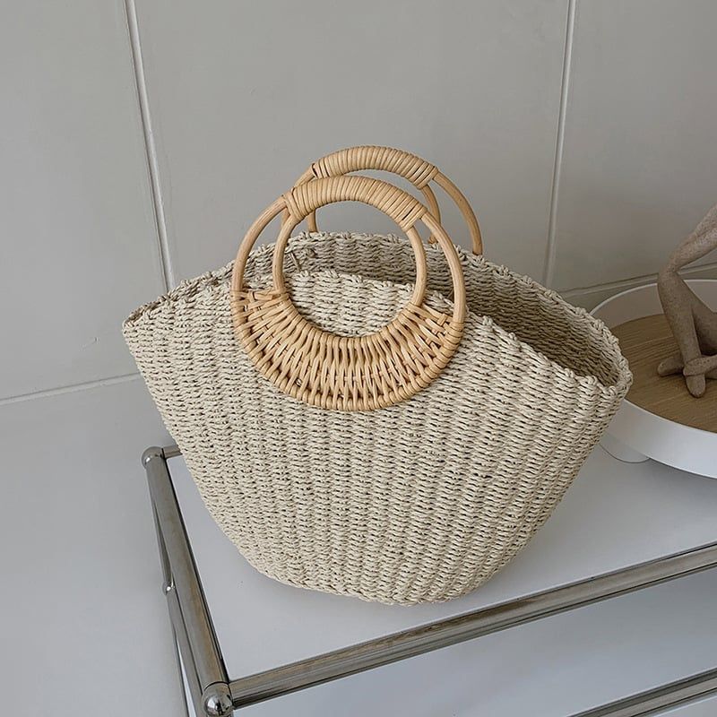  Túi cói đi biển vintage thời trang nữ phong cách cầm tay Hàn Quốc đẹp cổ điển dây da màu nâu - TC077 