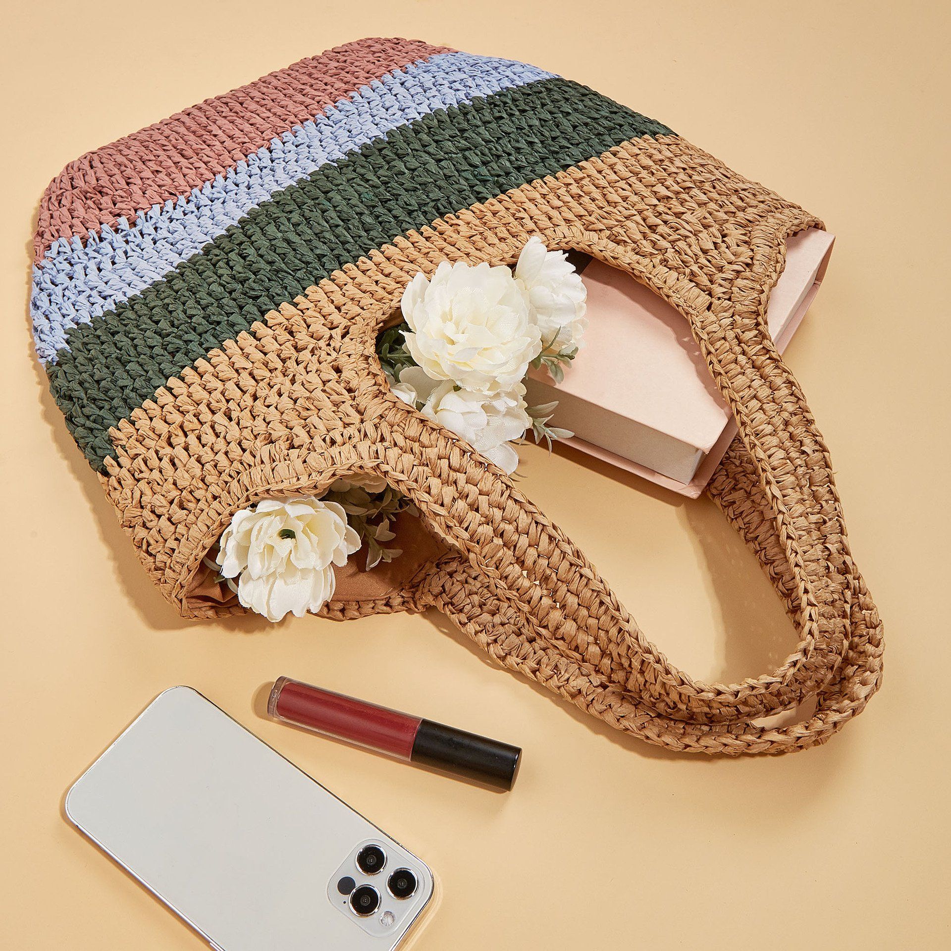  Túi cói đi biển vintage thời trang nữ phong cách cầm tay Hàn Quốc đẹp cổ điển dây da màu nâu - TC078 