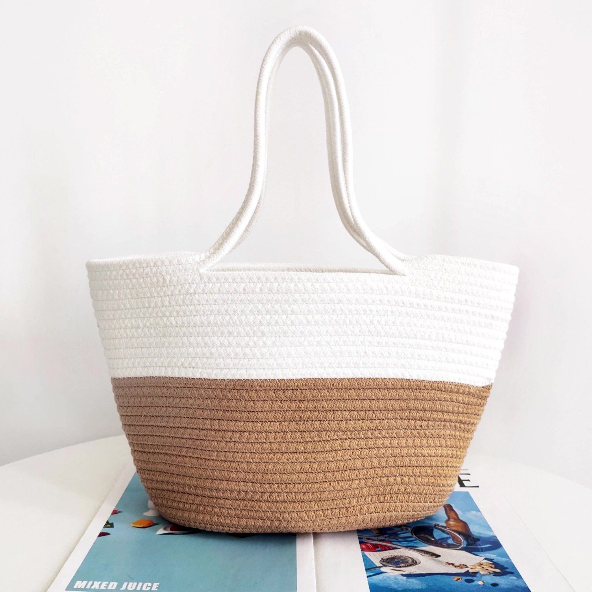  Túi cói đi biển vintage thời trang nữ phong cách cầm tay Hàn Quốc đẹp cổ điển dây da màu nâu - TC080 
