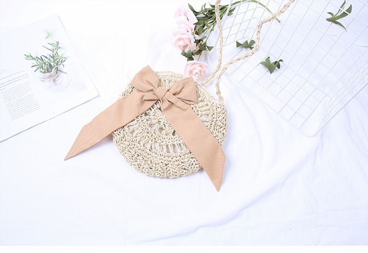  Túi cói đi biển vintage thời trang nữ phong cách đeo chéo vai Hàn Quốc đẹp hình tròn đính nơ màu be - TC016 