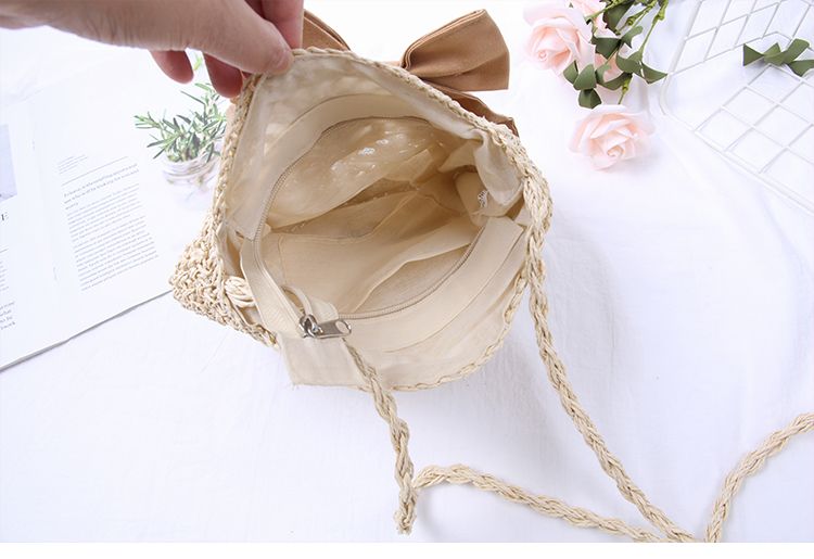  Túi cói đi biển vintage thời trang nữ phong cách đeo chéo vai Hàn Quốc đẹp hình tròn đính nơ màu be - TC016 