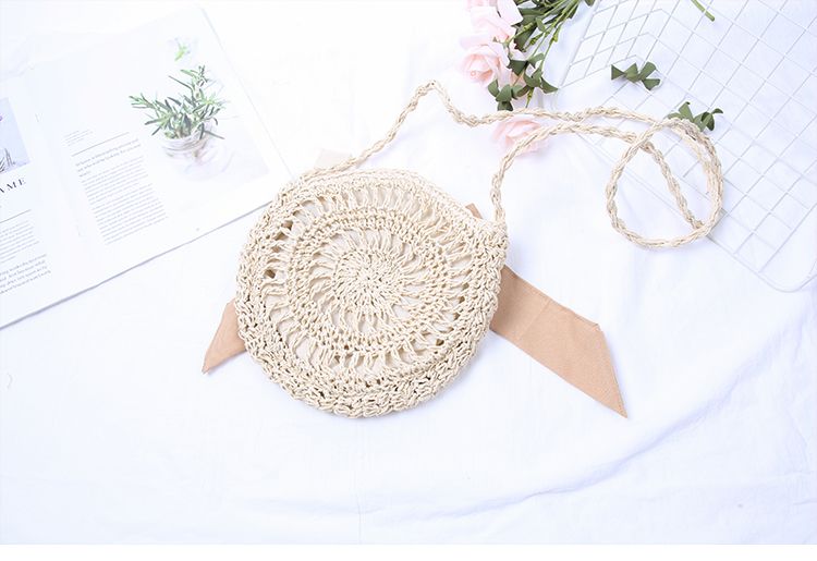  Túi cói đi biển vintage thời trang nữ phong cách đeo chéo vai Hàn Quốc đẹp hình tròn đính nơ màu be - TC016 