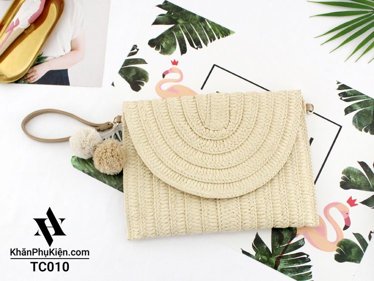  Túi cói đi biển vintage thời trang nữ phong cách đeo chéo vai Hàn Quốc đẹp hình chữ nhật dây da màu be trơn - TC010 