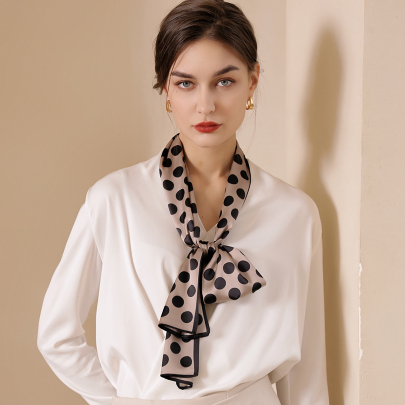  Khăn quàng choàng cổ lụa cao cấp cho nữ văn phòng công sở đẹp họa tiết chấm bi màu nâu cà phê AGANA- K1004 