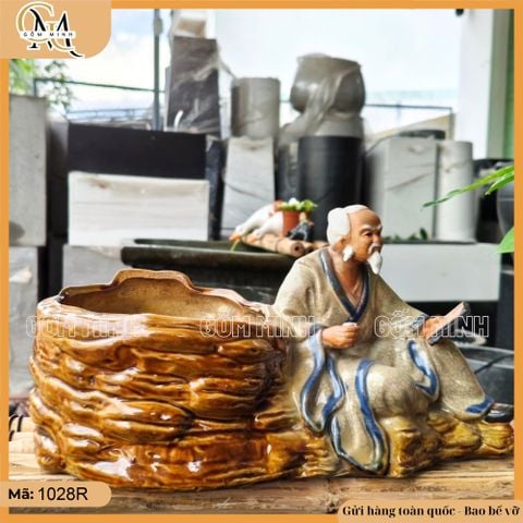 Chậu tượng tiên ông đọc sách 2 màu, chậu tượng bonsai ông lão đọc sách, chậu trồng cây trang trí sân vườn