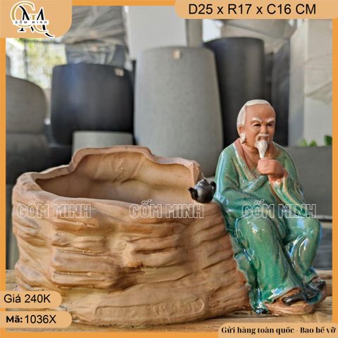 Chậu tượng thần trà gốm bát tràng, chậu tượng tiên ông thưởng trà, chậu tượng bonsai trồng cây trang trí nhà cửa