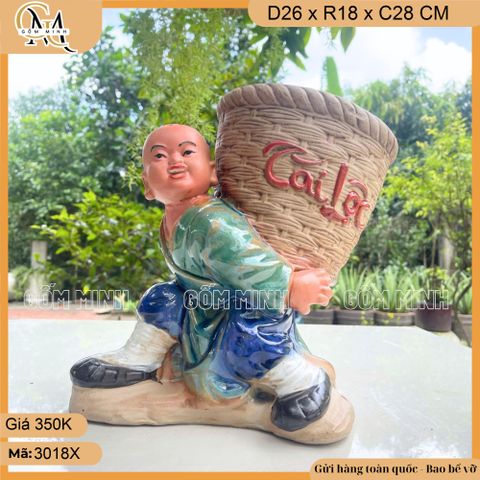 Chậu tượng chú tiểu cõng giỏ, chậu tượng cậu bé cõng giỏ, chậu bonsai trồng cây