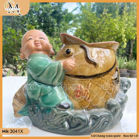 Chậu tượng chú tiểu cưỡi cá chép, chậu tượng bonsai, chậu trồng cây trang trí sân vườn