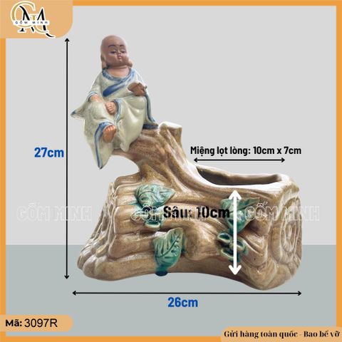 Chậu trồng cây dáng chú tiểu đọc sách gốc cây, chậu tượng đọc sách, chậu chú tiểu gốm Bát Tràng
