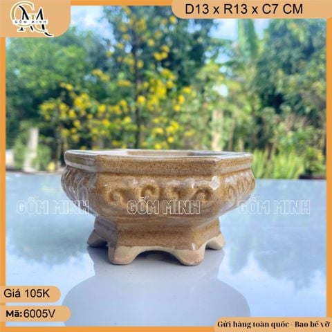 Chậu bonsai mini lục giác 13cm có chân đế, chậu giả cổ mini men cao cấp gốm Hoàng