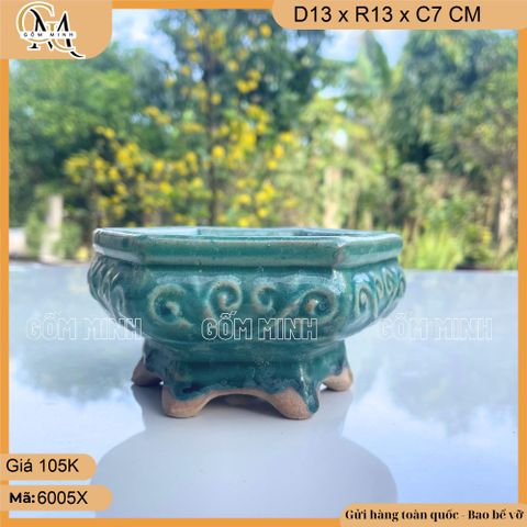 Chậu bonsai mini lục giác 13cm có chân đế, chậu giả cổ mini men cao cấp gốm Hoàng