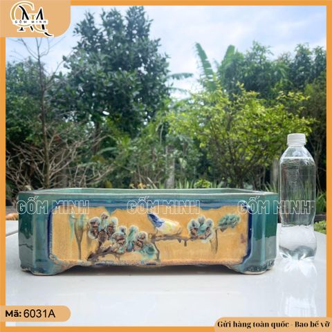 Chậu bonsai chữ nhật vát góc họa tiết Chim Bông, chậu bonsai giả cổ cao cấp cốt dày, đẹp
