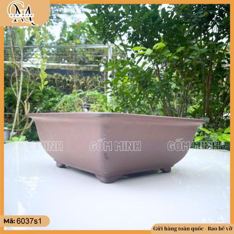 Chậu vuông trơn 25cm, chậu gốm đất đen làm mát rễ cây, chậu bonsai vuông, chậu trồng cây