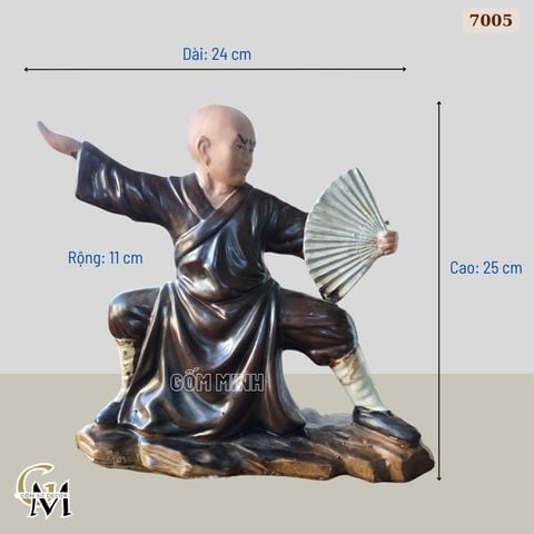 Tượng võ sư múa quạt ghép cây bonsai bằng gốm sứ