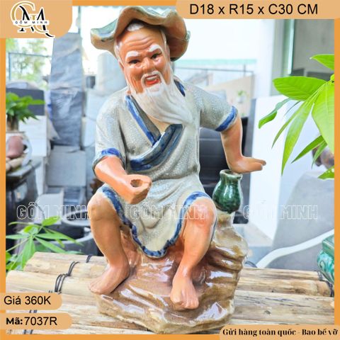 Tượng ông câu cá men rạn cao 30 cm trang trí thác nước