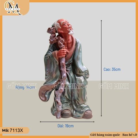 Tượng lão mai đất đỏ cao 35cm, tượng ông lão cầm gậy gốm đất đỏ, tượng ghép bonsai