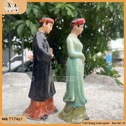 Tiểu cảnh tượng cặp đôi quan họ Bắc Ninh cao 13cm gốm Bát Tràng