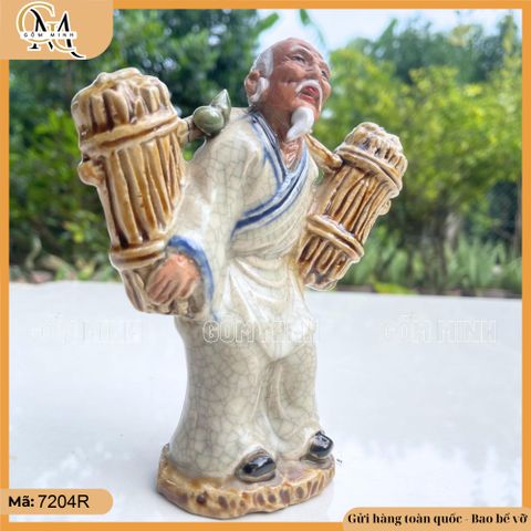 Tượng tiều phu men rạn, tượng lão tiều phu cao 16cm, tượng ông gánh củi trang trí bonsai