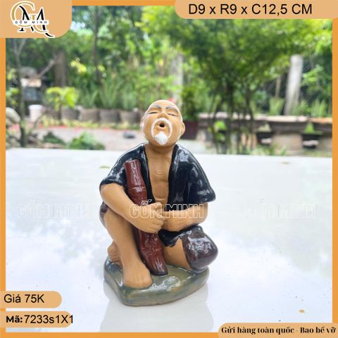 Tượng ông hút thuốc lào cao 12,5cm nhiều màu, tượng gốm decor bàn trà, chậu bonsai