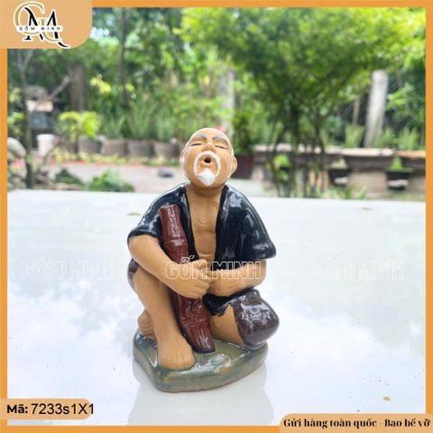 Tượng ông hút thuốc lào cao 12,5cm nhiều màu, tượng gốm decor bàn trà, chậu bonsai
