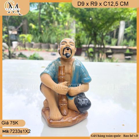 Tượng ông hút thuốc lào cao 12,5cm nhiều màu, tượng gốm decor bàn trà, chậu bonsai