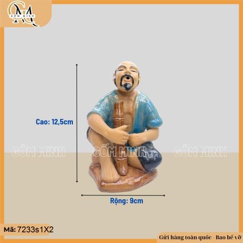 Tượng ông hút thuốc lào cao 12,5cm nhiều màu, tượng gốm decor bàn trà, chậu bonsai