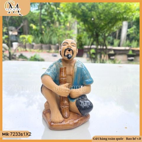 Tượng ông hút thuốc lào cao 12,5cm nhiều màu, tượng gốm decor bàn trà, chậu bonsai