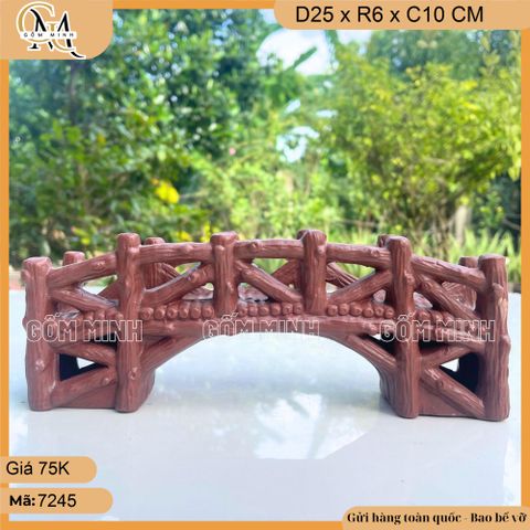 Tiểu cảnh cầu tre gỗ gốm đất đỏ dài 25cm, mô hình cầu gỗ gốm trang trí tiểu cảnh hòn non bộ
