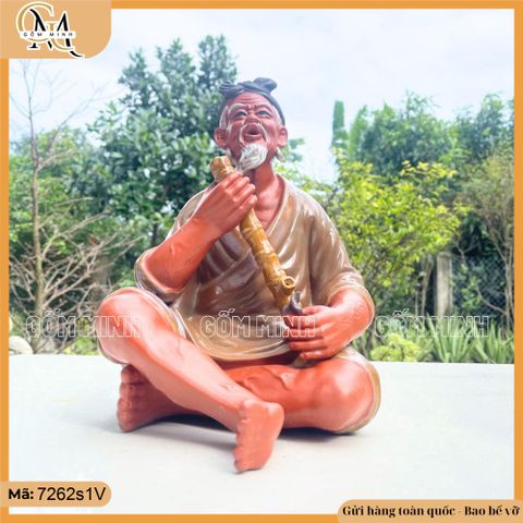 Tượng ông hút thuốc lào cao 28cm gốm đất đỏ, tượng ông lão điếu cày
