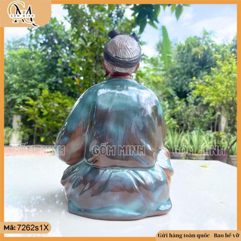 Tượng ông hút thuốc lào cao 28cm gốm đất đỏ, tượng ông lão điếu cày