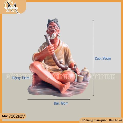 Tượng ông hút thuốc lào cao 25cm gốm đất đỏ, tượng ông lão điếu cày trang trí nhà cửa