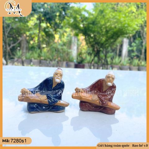 Tượng tiểu cảnh ông đánh đàn, tượng đánh đàn, tượng gốm decor chậu cây, bàn trà