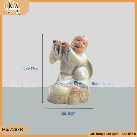 Tượng chú bé thổi sáo cao 12cm ngồi bệ, tượng cậu bé thổi sáo, tượng gốm thổi sáo nhỏ