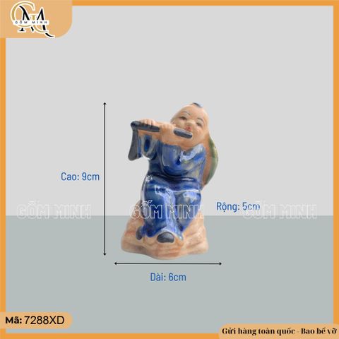 Tượng chú bé thổi sáo nhỏ cao 9cm ngồi bệ, tượng cậu bé thổi sáo trang trí chậu bonsai