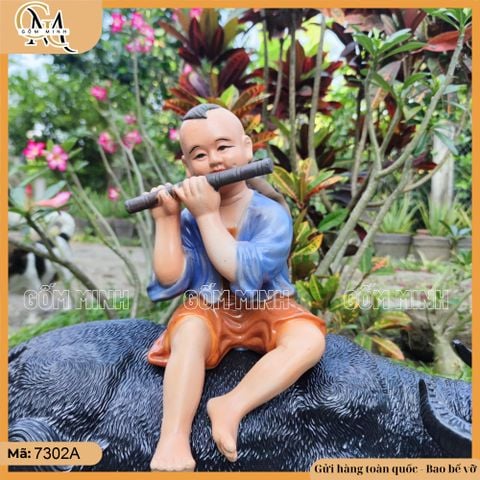 Tượng Mục đồng chăn trâu cao 54cm kiểu thổi sáo, đọc sách size đại gốm Bát Tràng sắc nét từng chi tiết